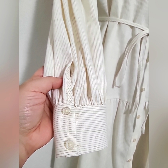 Alex Marie Long Sleeve Striped Fit & Flare Dress Button Up Stand Collar Beige 4 - Picture 7 of 10